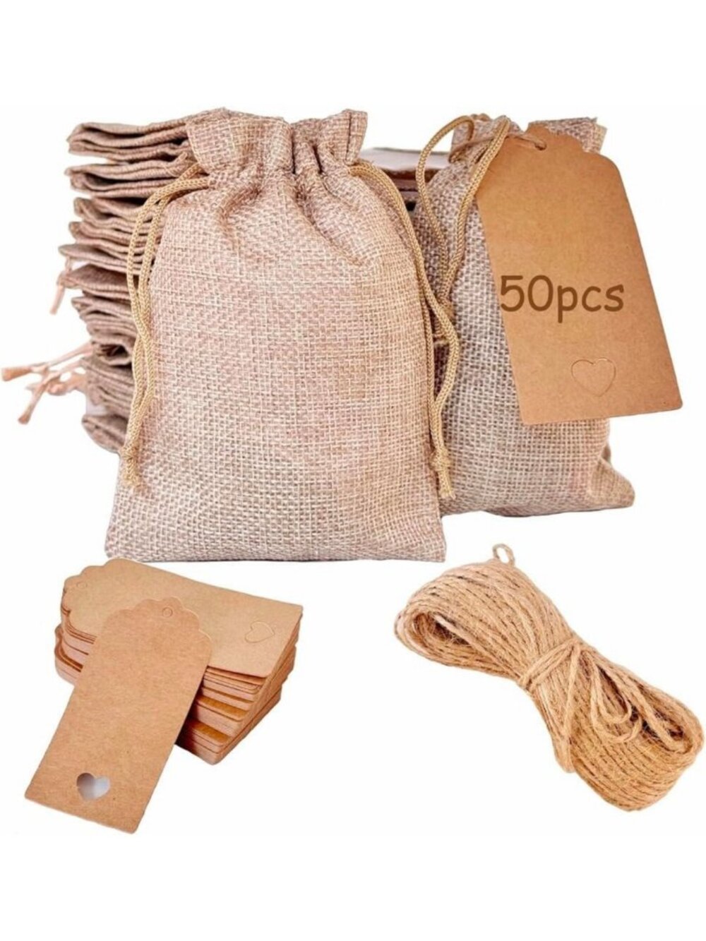 50PCS 8x12 Inch Burlap Gift Bags with Drawstring & Bonus Tags for Weddings